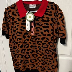 Womens Leopard Print Polo Shirt - Red and Brown